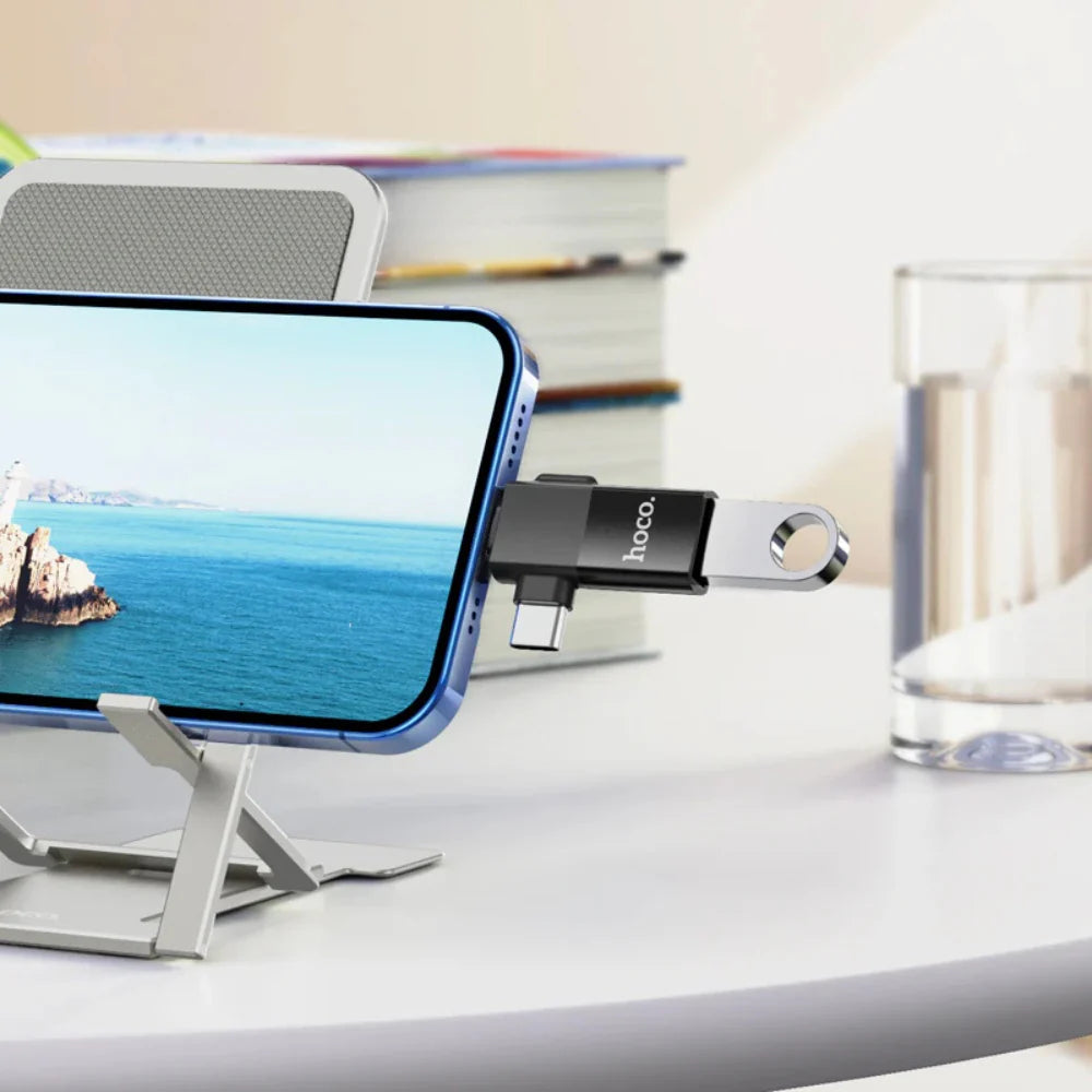 2 in 1 USB adapter with USB A to Lightning and USB C ports, OTG support, 480Mbps transfer rate, metal shell design.