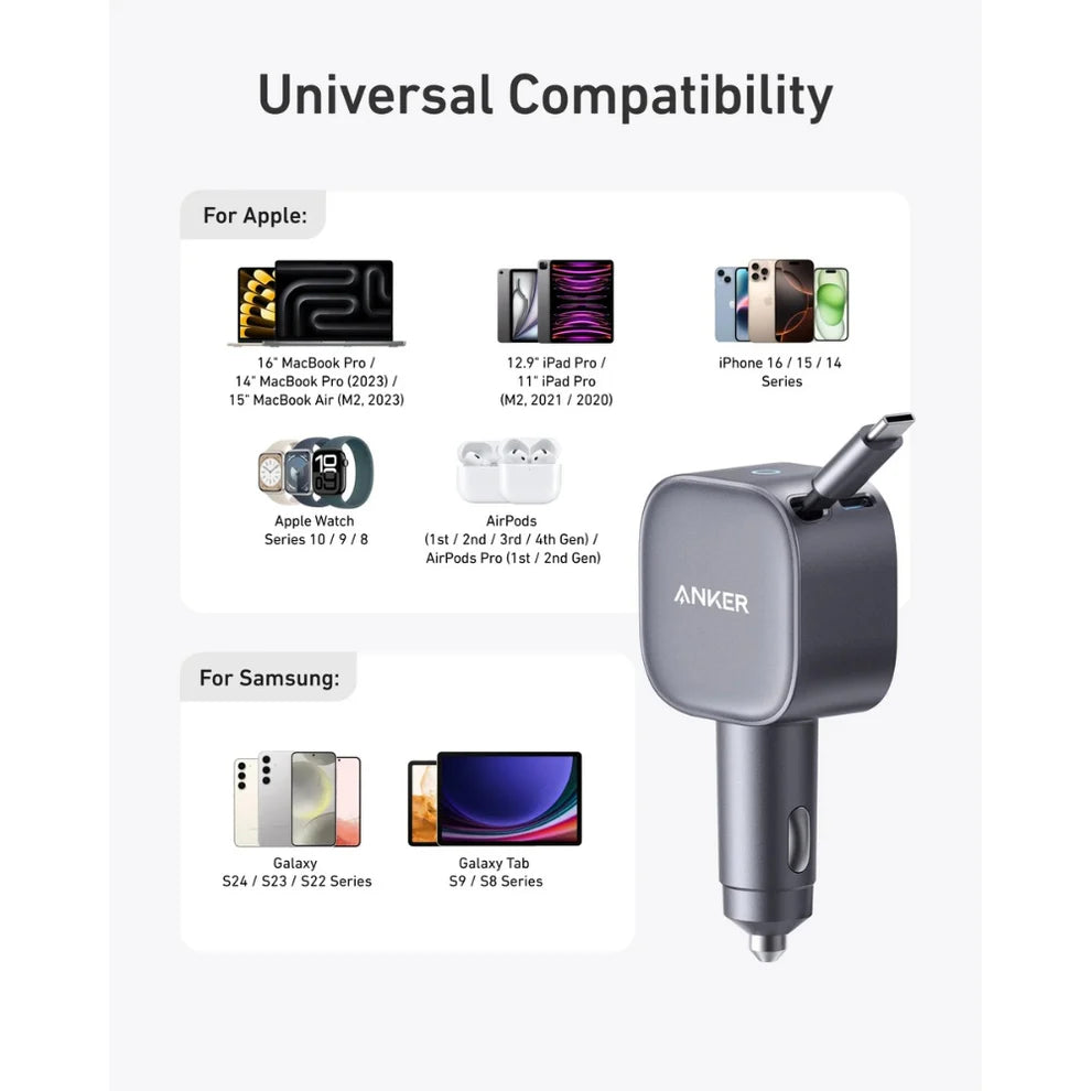 Anker USB-C Car Charger 75W – Built-In Retractable Cable