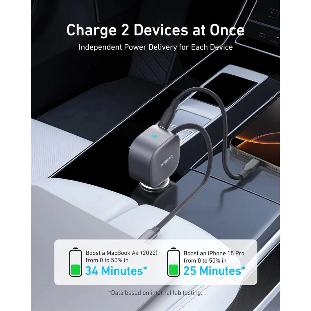 Anker USB-C Car Charger 75W – Built-In Retractable Cable