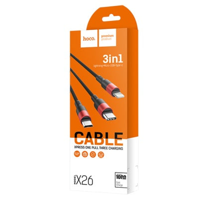 3-in-1 Fast Charging Cable – Lightning, Micro USB & Type-C (Black & Red)