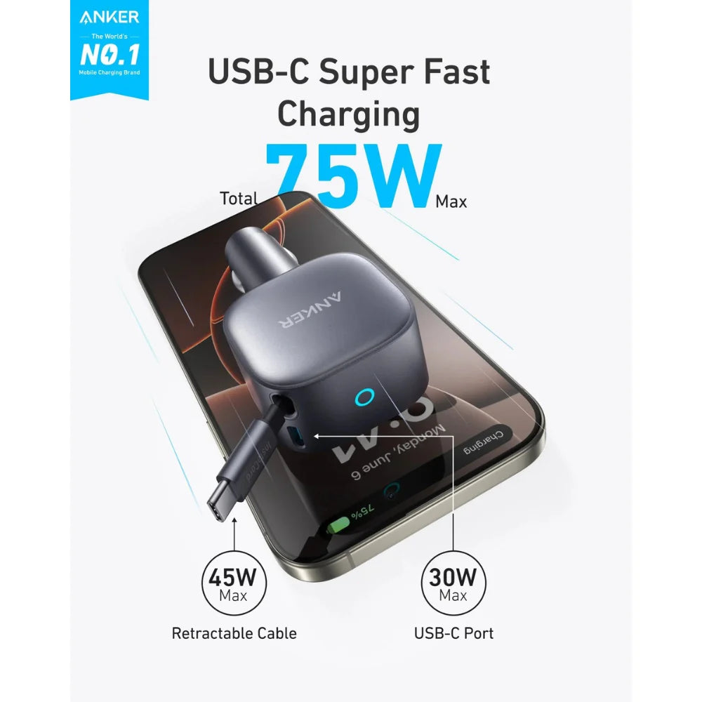 Anker USB-C Car Charger 75W – Built-In Retractable Cable
