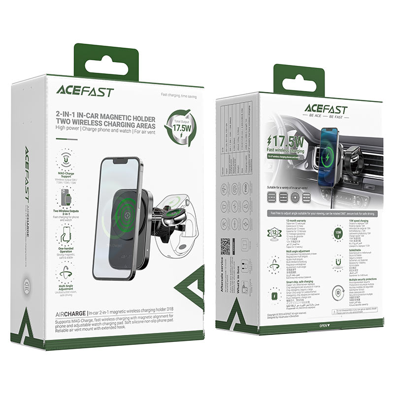 AceFast Magnetic Wireless Car Mount with Dual Charging| D18