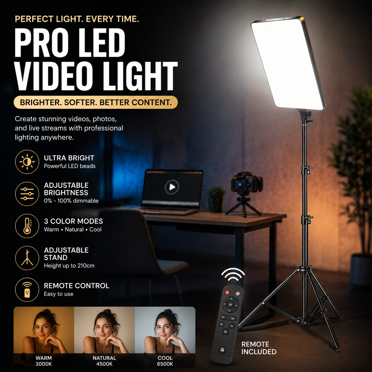 LED Video Light Panel with Remote and Tripod Stand