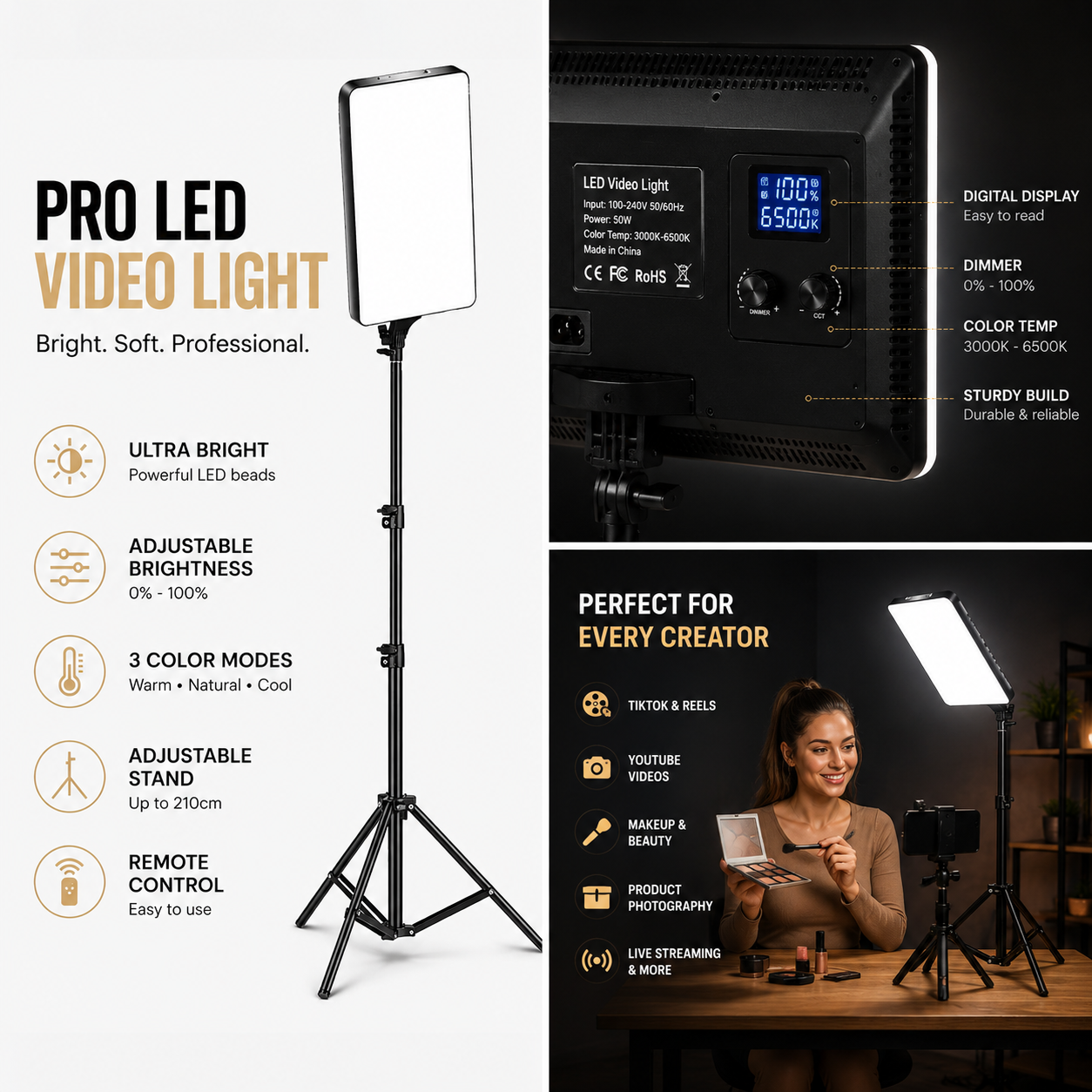 LED Video Light Panel with Remote and Tripod Stand