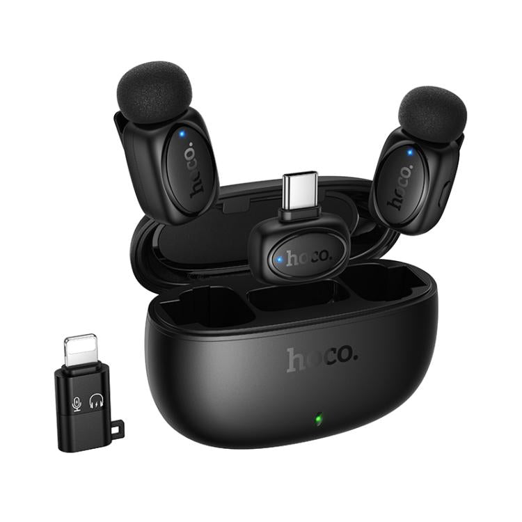 Black wireless earbuds with charging case on a white background, featuring the brand 'hoco'.