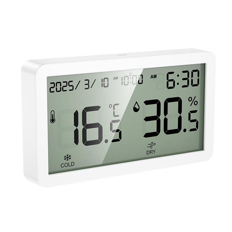 Digital clock with temperature and humidity display on a white background