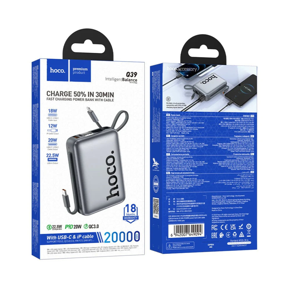 Hoco 20000mAh PowerBank | 18W Fast Charging, Built-in Cables & LED Display