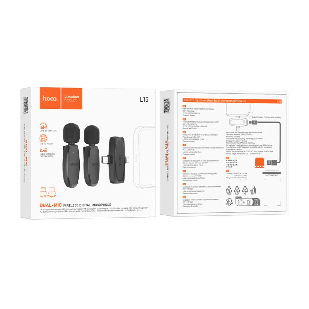 Hoco L15 Dual Wireless Clip-On Microphone – Lightning & Type-C