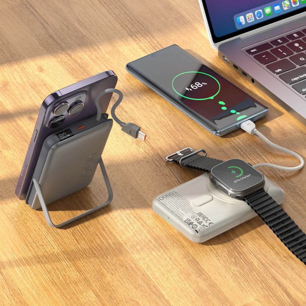 Magnetic Power Bank 10000mAh with fast charging, built-in USB-C cable, and phone holder