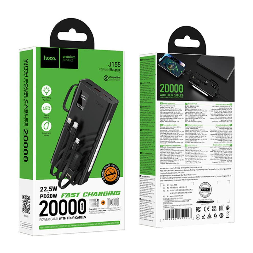 Hoco 20000mAh Power Bank with Built-In Cables – Fast Charging, Portable Battery Pack
