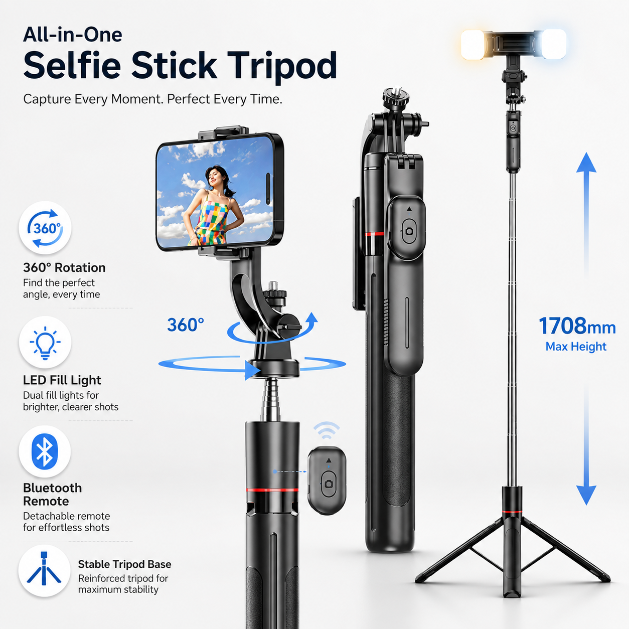 Stable Tripod & Selfie Stick with 2 Side LED Lights and Remote 360° Panoramic Shooting