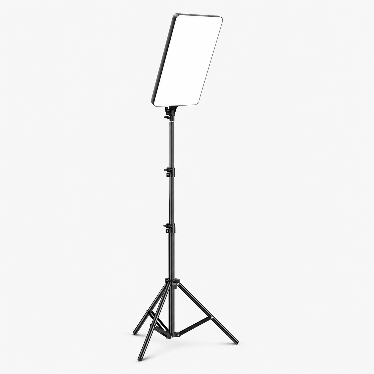 A portable rectangular LED light panel on a black tripod stand, shown against a plain light gray background.