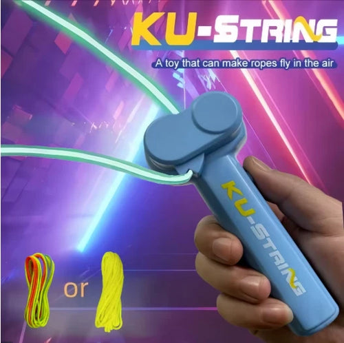 A hand holding a blue KU-STRING toy handle with a neon green rope attached, set against a colorful purple and pink graphic background with text reading 'KU-STRING' and smaller text about the toy making ropes fly in the air.