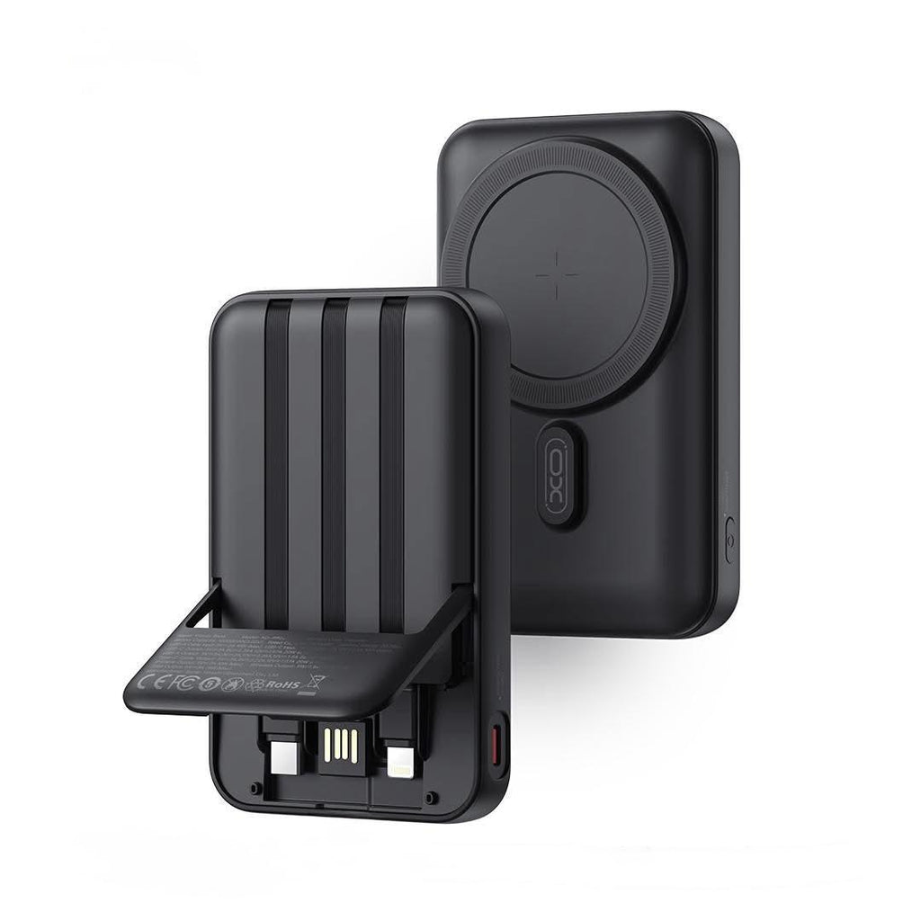 Black wireless charging powerbank with a stand on a white background