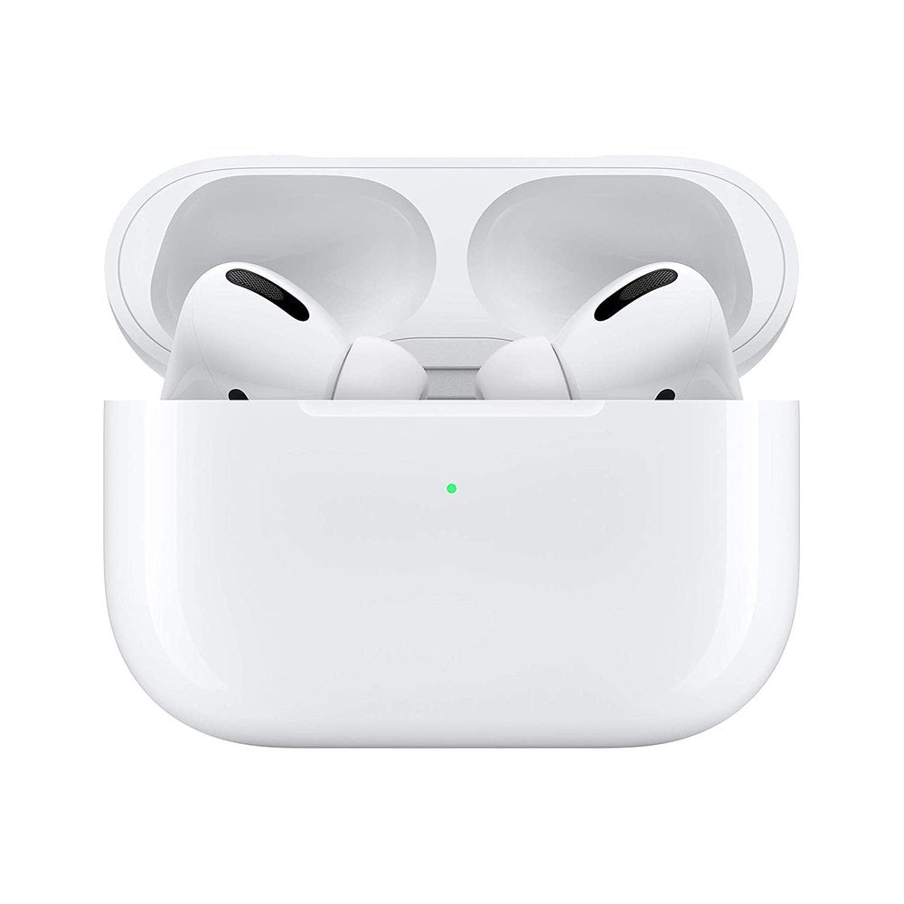 White wireless earbuds in a charging case on a white background