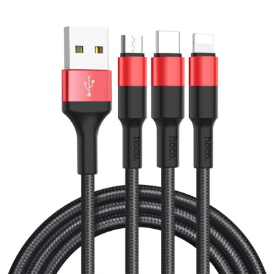 3 in 1 charging cable with Lightning, Micro USB, and Type C connectors – 1m nylon braided cable with aluminum alloy shell, black and red.