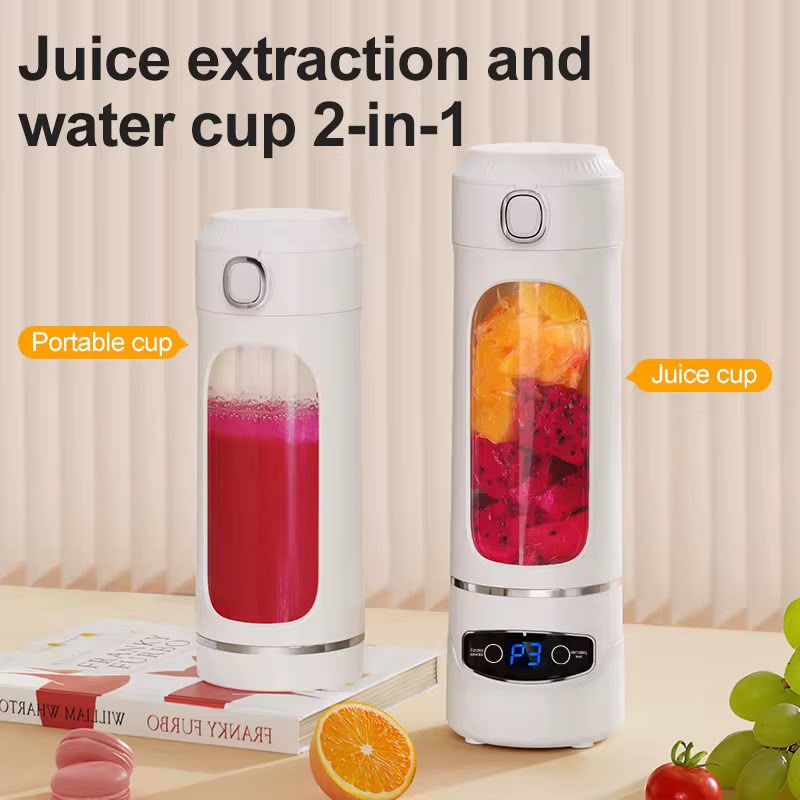 portable electric juicer and water cup shown in two states: one empty and one filled with a pink drink, alongside text labels and decorative fruit and books on a tabletop.