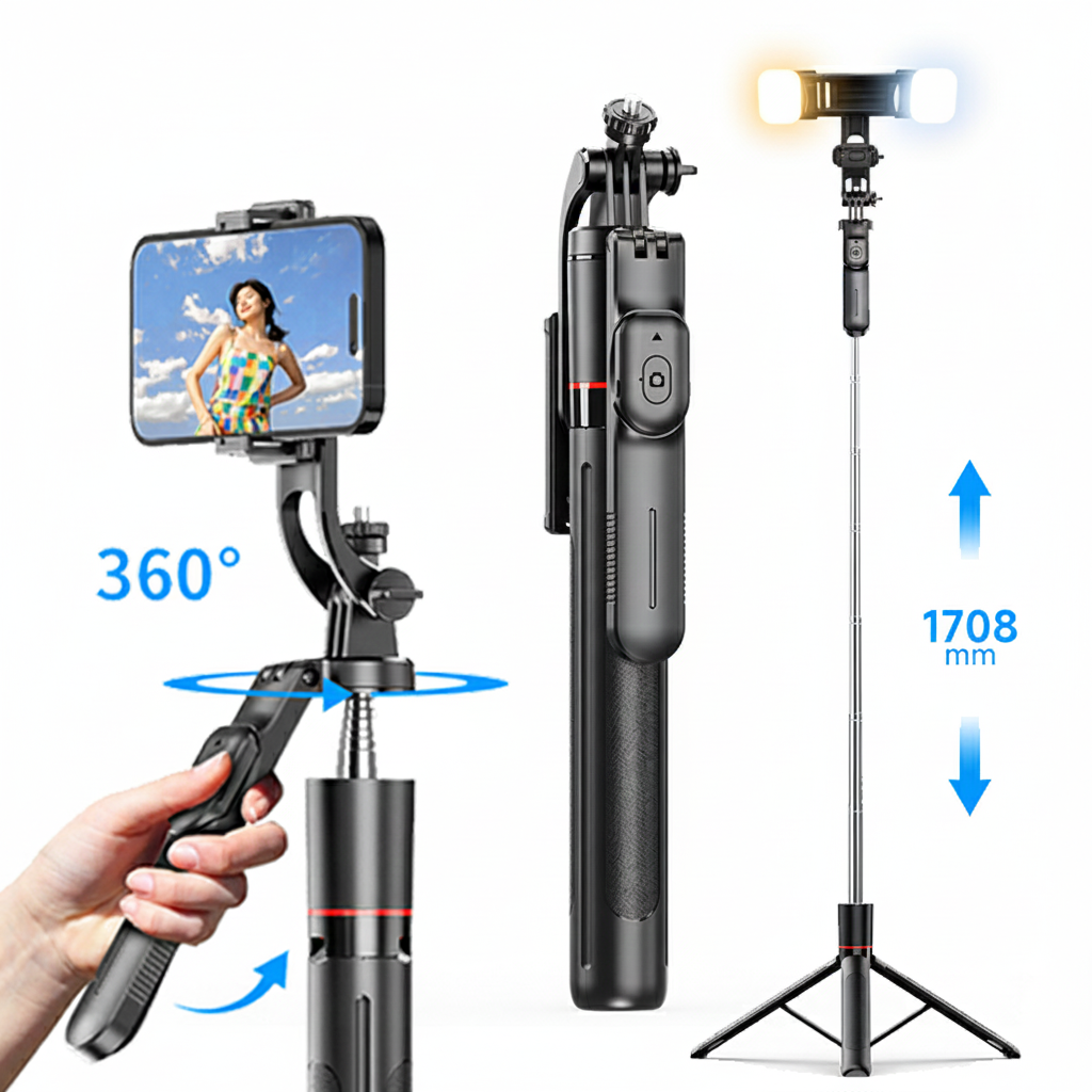 Handheld selfie stick with phone holder, tripod, and light on a white background