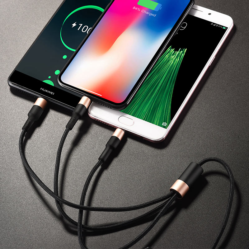 3-in-1 Fast Charging Cable – Lightning, Micro USB & Type-C (Black & Red)